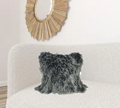 Homezia 20" Black White Genuine Tibetan Lamb Fur Pillow With Microsuede Backing
