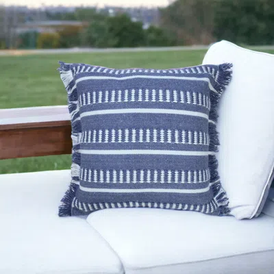 Homezia 20" Blue And White Striped Indoor Outdoor Throw Pillow With Fringe