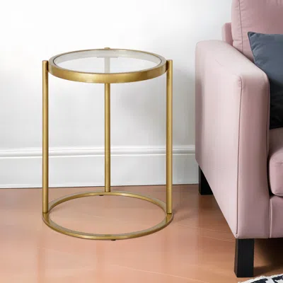 Homezia 20" Brass And Clear Glass And Steel Round End Table In Gold