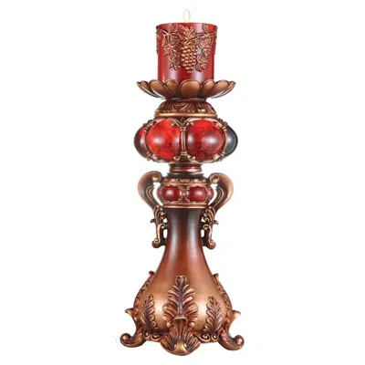 Homezia 20" Brown And Red Faux Marble Tabletop Candle Holder And Candle