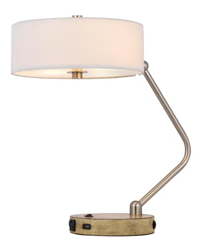 Homezia 20" Brown Metal Two Light Lantern Desk Usb Table Lamp With White Drum Shade In Neutral