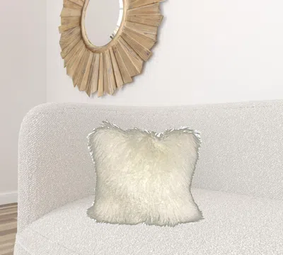 Homezia 20" Creamy White Genuine Tibetan Lamb Fur Pillow With Microsuede Backing
