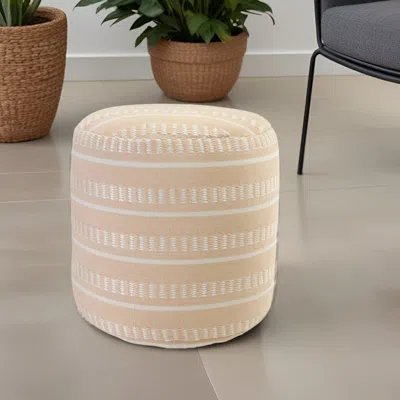 Homezia 20" Orange Polyester Round Striped Indoor Outdoor Pouf Ottoman
