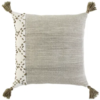 Homezia 20" Taupe And Ivory Herringbone Cotton Throw Pillow With Tassels