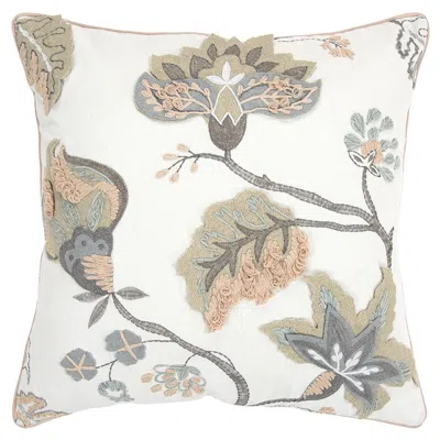 Homezia 20" White And Tan Jacobean Floral Cotton Throw Pillow With Applique And Embroidery