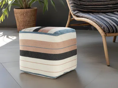 Homezia 20" White Polyester Striped Indoor Outdoor Pouf Ottoman