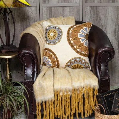 Homezia 20" X 20" Beige And And Brown Floral Zippered 100% Cotton Throw Pillow