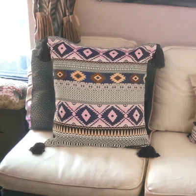 Homezia 20" X 20" Black And Yellow Southwestern Cotton Zippered Pillow With Tassels
