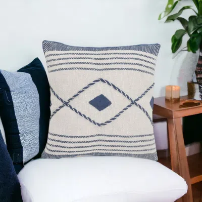 Homezia 20" X 20" Blue And White 100% Cotton Coastal Zippered Pillow