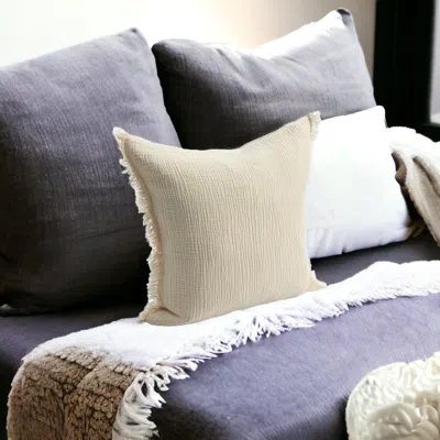 Homezia 20" X 20" Cream Cotton Zippered Down Pillow With Fringe