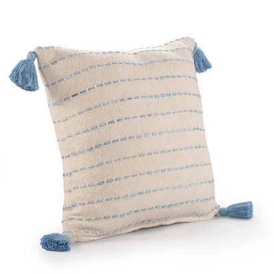 Homezia 20" X 20" Denim Blue And Ivory 100% Cotton Striped Zippered Pillow In Neutral