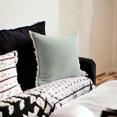 Homezia 20" X 20" Green Cotton Zippered Down Pillow With Fringe