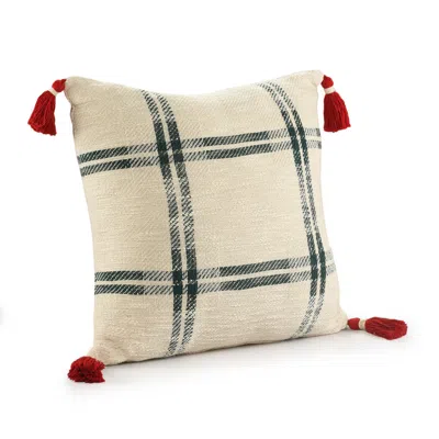 Homezia 20" X 20" Ivory And Green Christmas Plaid Cotton Zippered Pillow With Tassels