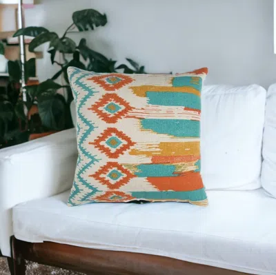 Homezia 20" X 20" Ivory Blue And Orange Ikat Cotton Zippered Pillow With Embroidery