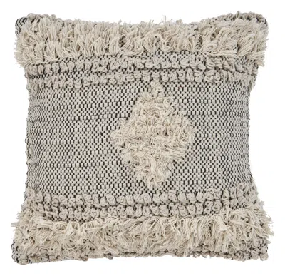 Homezia 20" X 20" Natural And Black Geometric Cotton Zippered Pillow With Fringe