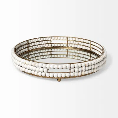 Homezia 21" Gold Metal With Wooden Bead Frame And Mirrored Glass Bottom Round Tray In Multi