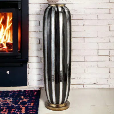 Homezia 21" Polyresin Black And Silver Striped Round Floor Vase In Multi
