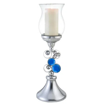 Homezia 21" Silver And Blue Faux Crystal Bling Hurricane Candle Holder