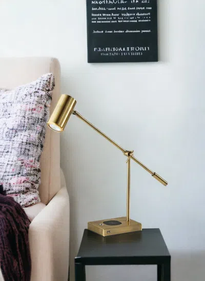 Homezia 22" Antiqued Brass Metal Novelty Desk Led Usb Table Lamp With Brass Drum Shade In Gold
