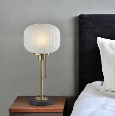 Homezia 22" Antiqued Brass Table Lamp With White Ribbed Frosted Glass Dome Shade In Gold