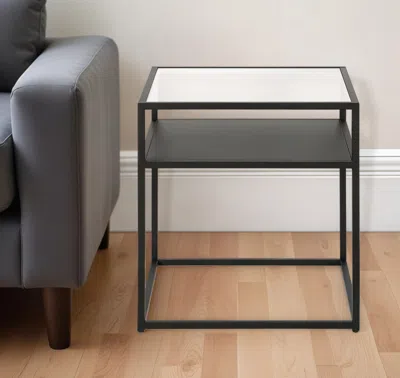 Homezia 22" Black And Clear Glass And Steel Square End Table With Shelf