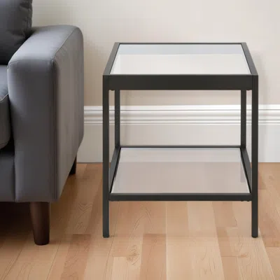 Homezia 22" Black And Clear Glass And Steel Square End Table With Shelf