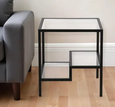 Homezia 22" Black And Clear Glass And Steel Square End Table With Two Shelves