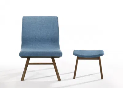 Homezia 22" Blue And Walnut Solid Color Lounge Chair With Ottoman
