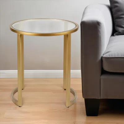 Homezia 22" Brass And Clear Glass And Steel Round End Table In Gold