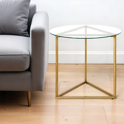 Homezia 22" Brass And Clear Glass And Steel Round End Table In Gold