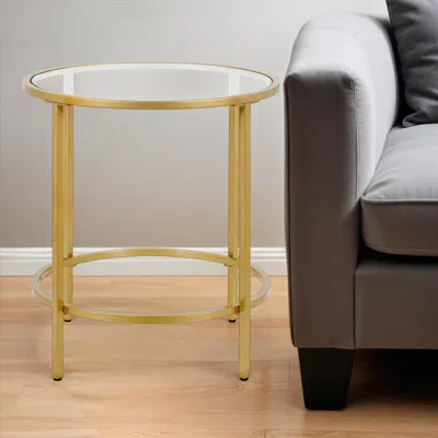 Homezia 22" Brass And Clear Glass And Steel Round End Table In Gold