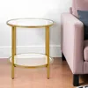 Homezia 22" Brass And Clear Glass And Steel Round End Table With Shelf