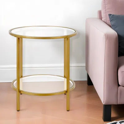 Homezia 22" Brass And Clear Glass And Steel Round End Table With Shelf In Gold