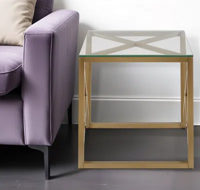 Homezia 22" Brass And Clear Glass And Steel Square End Table In Gold