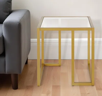 Homezia 22" Brass And Clear Glass And Steel Square End Table In Brown