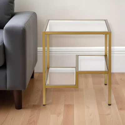 Homezia 22" Brass And Clear Glass And Steel Square End Table With Two Shelves In Gold