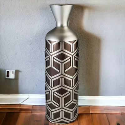 Homezia 22" Brown And Silver Geometric Polyresin Floor Vase In Metallic