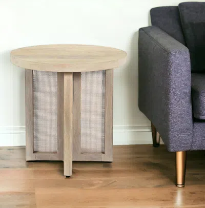 Homezia 22" Natural Solid Wood And Rattan Round End Table In Neutral