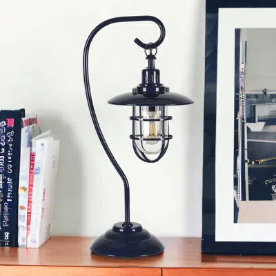 Homezia 22" Navy Blue Metal Arched Table Lamp With Navy Blue Cage Shade