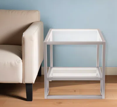 Homezia 22" Nickel And Clear Glass And Steel Square End Table With Shelf In Metallic