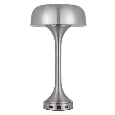 Homezia 22" Nickel Metal Two Light Usb Table Lamp With Nickel Dome Shade In Black