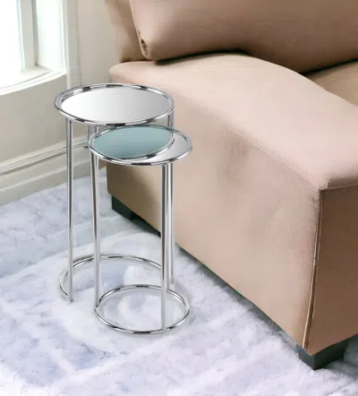 Homezia 22" Silver Aluminum Round Mirrored End Table In Metallic