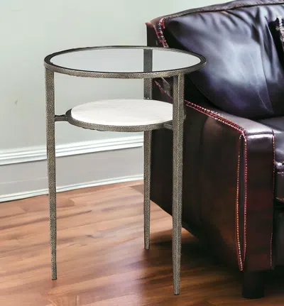 Homezia 23" Bronze And Clear Glass Round End Table With Shelf