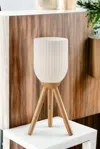 Homezia 23" Brown Solid Wood Tripod Table Lamp With White Ribbed Dome Shade