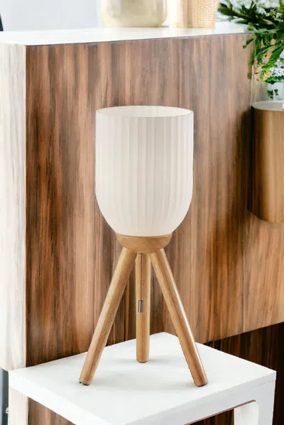 Homezia 23" Brown Solid Wood Tripod Table Lamp With White Ribbed Dome Shade