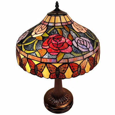 Homezia 23" Dark Brown Metal Two Light Candlestick Table Lamp With Red And Black Shade In Multi