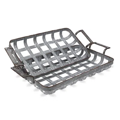 Homezia 23" Gray Rectangular Metal Handmade Tray With Handles In Multi