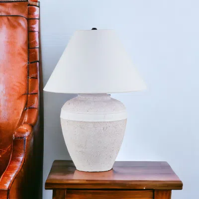 Homezia 23" Red And White Ceramic Urn Table Lamp With White Cone Shade In Brown