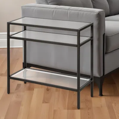Homezia 24" Black And Clear Glass And Steel End Table With Two Shelves