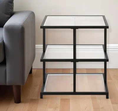 Homezia 24" Black And Clear Glass And Steel Square End Table With Two Shelves In Multi